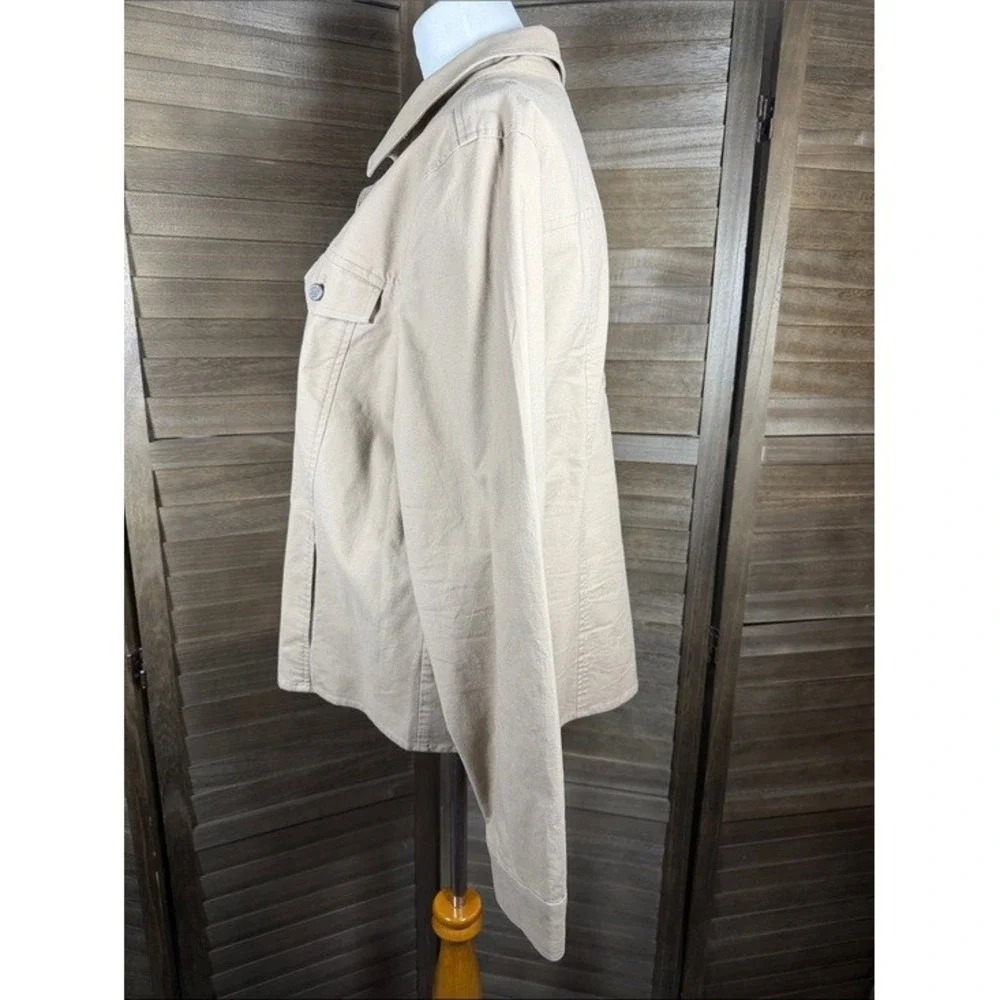 Foxcroft Stretch Tan Khaki Floral‎ Embroidered Button Front Jacket Womens XL